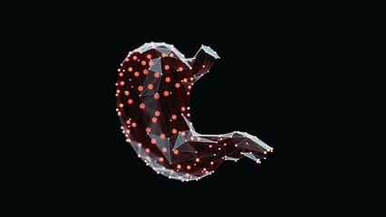3d render of a vibrant, low-poly stomach over dark background. Human Stomach wireframe made of light points. 3d illustration