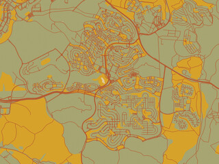 Obraz premium Modern flat map poster of Modi'in, Israel in olive backdrop with warm rust street network and ochre blocks.
