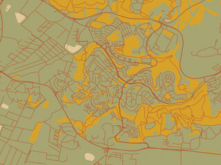 Contemporary flat map of Migdal Ha'Emeq, Israel design with olive backdrop with warm rust street network and ochre blocks.