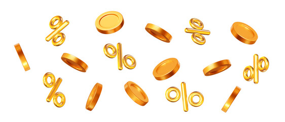 3d vector flying gold shiny coins with percent discount. For promotion, marketing and advertising in social networks. Stock vector illustration on isolated background. © Игорь Жуков