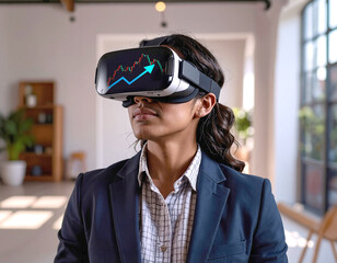 Businesperson With Virtual Reality Headset Analyzing Stock Market Data On Futuristic Display
