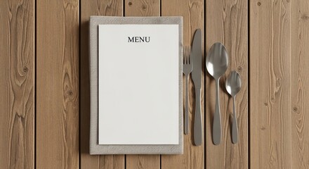 Menu restaurant food dining cutlery silverware table wood blank template design elegant mockup modern