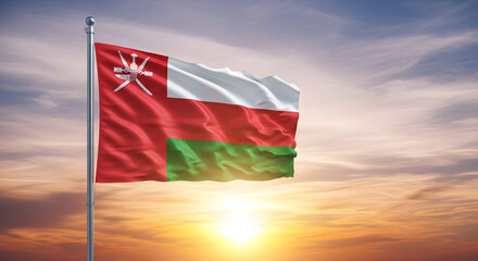 Majestic Omani Flag Waving Proudly Against a Breathtaking Sunset Sky, Symbolizing National Pride and Heritage