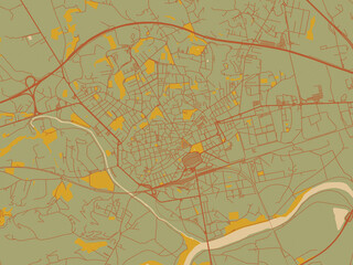 Decorative flat city map of Asti, Italy using earthy sage background with rust roadways and ochre details.