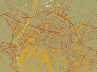Fototapeta premium Modern flat map poster of Bologna, Italy in sage/olive tone field with rust networks and ochre shapes, cream water.