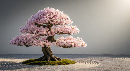 Beautiful bonsai tree with pink blossoms in a zen garden setting.