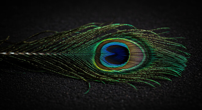 Detailed peacock feather with vibrant colors and intricate patterns on dark background