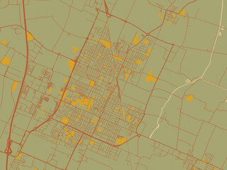 Abstract flat-design map of Carpi, Italy, featuring earthy sage background with rust roadways and ochre details.