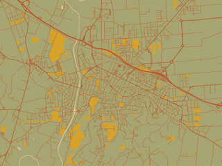 Fototapeta premium Decorative flat city map of Cesena, Italy using earthy sage background with rust roadways and ochre details.