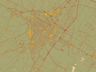 Abstract flat-design map of Forli, Italy, featuring earthy sage background with rust roadways and ochre details.