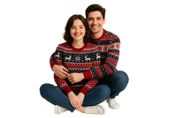 Smiling couple in festive sweaters. Christmas. Joy. Togetherness.