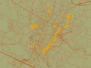 Stylized minimalist map of Frosinone, Italy in earthy sage background with rust roadways and ochre details.