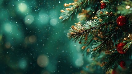 Close up of a decorated christmas tree branch with red ornaments and glowing bokeh lights on a dark green background