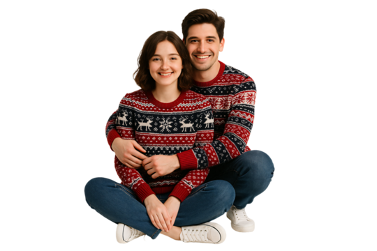 Smiling couple in festive sweaters. Christmas. Joy. Togetherness.