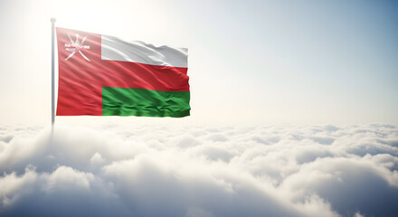 Flag of Oman Waving Proudly Above Soft, Dreamy Clouds Under a Bright Sky, Symbolizing National Pride and Freedom