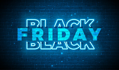 Obraz premium Black Friday Sale Shopping Day Banner with Glowing Neon Light Typography Lettering on Vintage Brick Wall Background. Vector Black Friday Holiday Season Design for Discount Offer, Promotion Flyer