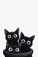 Obraz premium Three curious black cats illustrated.
