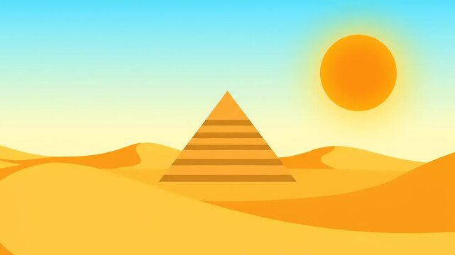 Animated Desert Landscape with Pyramids and Sun, Featuring Cartoon Style Animation