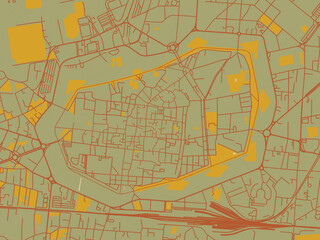 Vector-style flat map of Lucca Centro, Italy with sage/olive tone field with rust networks and ochre shapes, cream water.