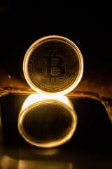 Bitcoin icon sign payment symbol golden background. Decentralised Cryptocurrency logo of BTC coin. 