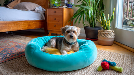 A small dog resting on a fluffy blue pet bed in a modern bedroom, showcasing a cozy and stylish atmosphere.
