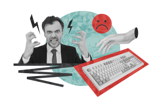 Composite photo collage of upset angry businessman cyberbully bad smiley hacked computer keyboard tool isolated on painted background