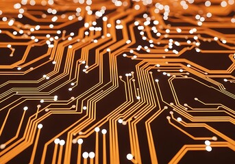 Abstract orange circuit board with glowing connections and nodes, representing technology and data flow in a digital network, with a dark background