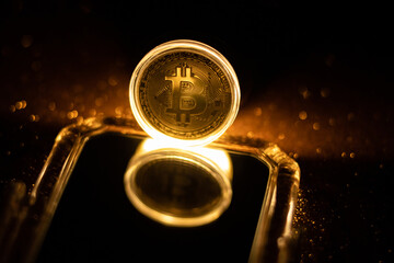 Bitcoin icon sign payment symbol golden background. Decentralised Cryptocurrency logo of BTC coin. 