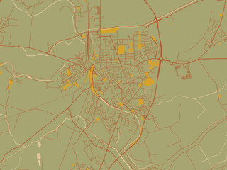 Abstract flat-design map of Rovigo, Italy, featuring muted sage base, rust-colored roads, and soft ochre highlights.