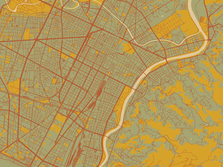 Modern flat map poster of Torino, Italy in sage/olive tone field with rust networks and ochre shapes, cream water.