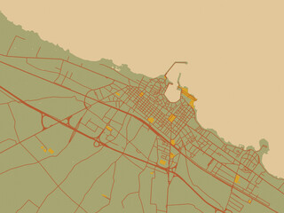 Graphic flat color map of Trani, Italy in olive backdrop with warm rust street network and ochre blocks.