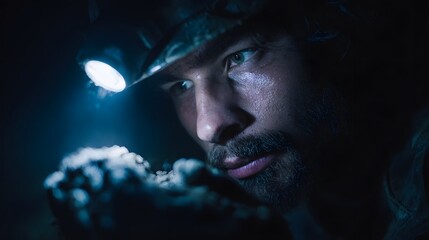 Close up of a man wearing a headlamp intently examining rock samples in a dark underground environment