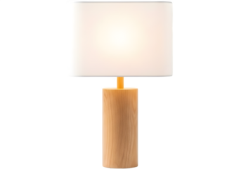 Modern Minimalist Table Lamp with Cylindrical Wood Base and White Shade, Illuminated Elegance on Black Background