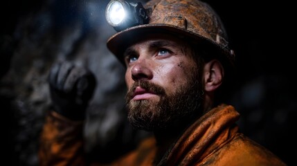 Fototapeta premium Miner wearing a helmet with a flashlight looks upwards in a dark rocky underground setting