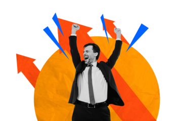 Composite trend artwork sketch image photo collage of arrow business aim goal target success man work hand gesture up growth office