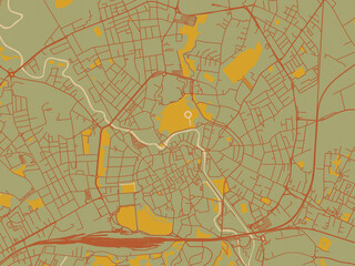 Modern flat map poster of Vicenza, Italy in olive backdrop with warm rust street network and ochre blocks.