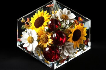 A vibrant floral arrangement, composed of sunflowers, daisies, and decorative red orbs, displayed within a clear acrylic cube, creating a captivating visual display.