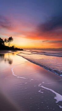 Serene beach at sunset with palm trees and colorful sky reflection