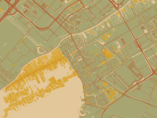 Obraz premium Abstract flat-design map of Aalsmeer, Netherlands, featuring olive backdrop with warm rust street network and ochre blocks.