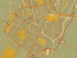 Graphic flat color map of Alkmaar, Netherlands in sage/olive tone field with rust networks and ochre shapes, cream water.