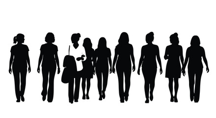 Silhouettes of diverse women in a row, representing community and unity, black and white depiction