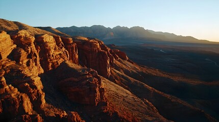 Obraz premium Sunset light illuminating rugged desert cliffs and expansive canyon valley (Travel)