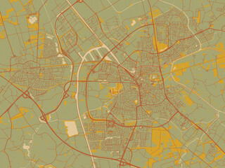 Abstract flat-design map of Almelo, Netherlands, featuring sage/olive tone field with rust networks and ochre shapes, cream water.