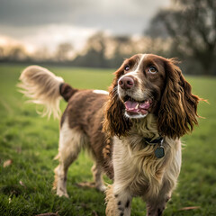 An energetic English Springer Spaniel, known for its loyalty, intelligence