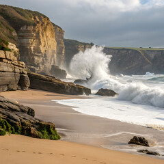 A dramatic seaside view where the beach meets rocky cliffs