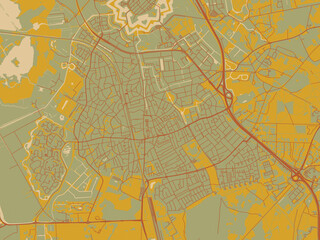 Poster-ready flat map of Bussum, Netherlands, olive backdrop with warm rust street network and ochre blocks.