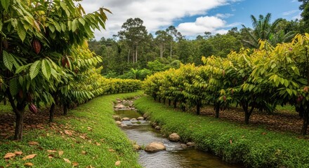 Obraz premium Scenic view of a lush green landscape with a stream and trees.