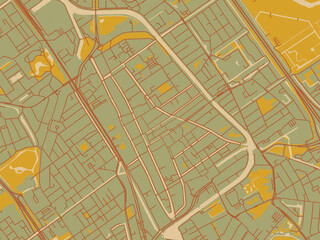 Minimalist flat city map of Delft Centrum, Netherlands with earthy sage background with rust roadways and ochre details.