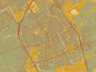 Modern flat map poster of Delft, Netherlands in olive backdrop with warm rust street network and ochre blocks.