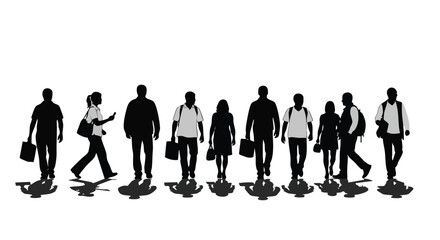 Silhouettes of diverse people walking with shadows, representing movement and urban life scenarios